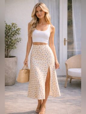 Sabo Floral Midi Skirt Yellow Blue Daisy Print Side Zip Skirt | Size L